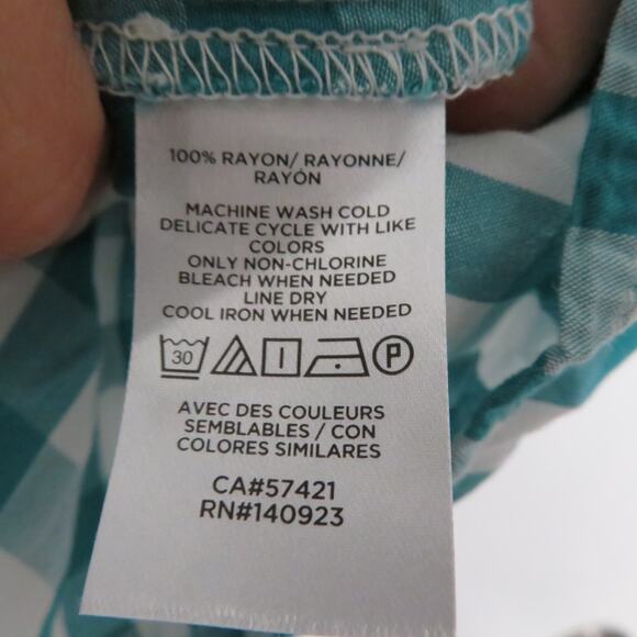 LOFT Women Sz S Teal White Gingham Plaid Surplice V Neck Wrap Blouse Puff Sleeve - Picture 7 of 7